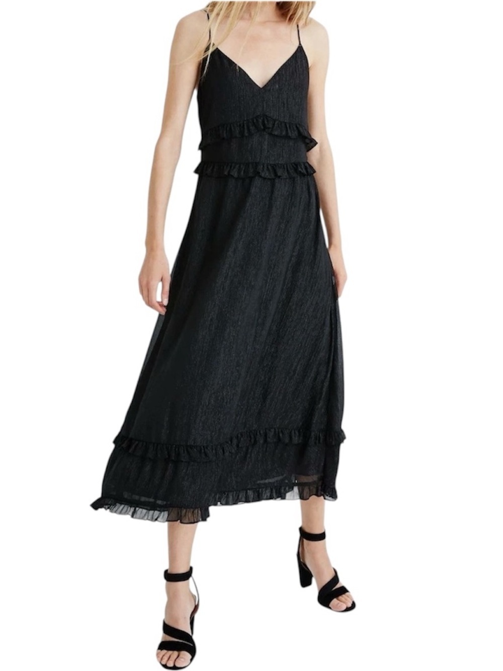 Madewell Black Shimmer Ruffle Cami Mid Dress S